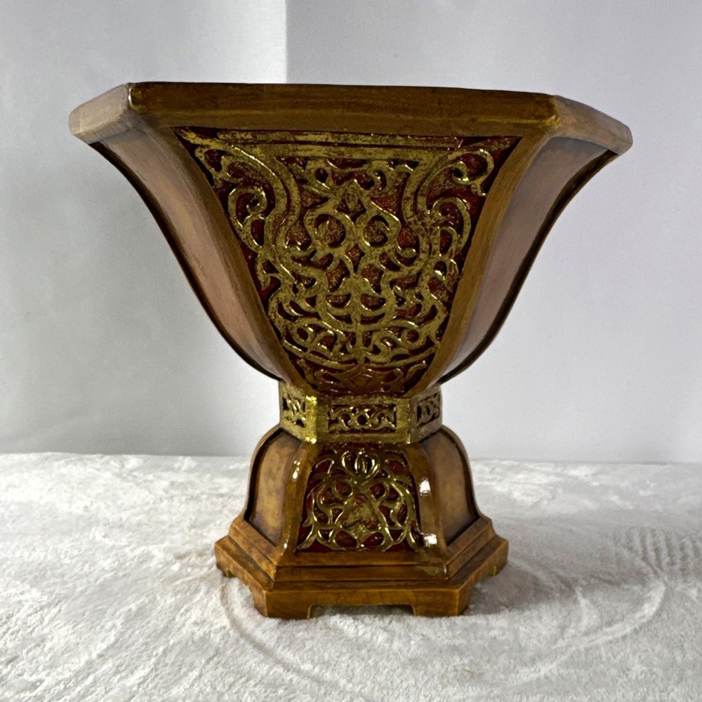 SPI Hexagon Pedestal Bowl, Brown/Gold Decorative Resin Glossy Finish